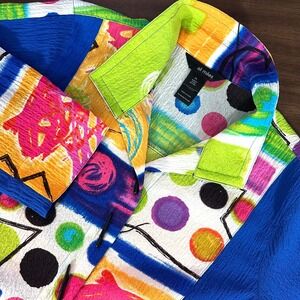 Ali Miles Tunic Top Womens PL Art  Stretch Watercolor 3/4 Sleeve Button Up